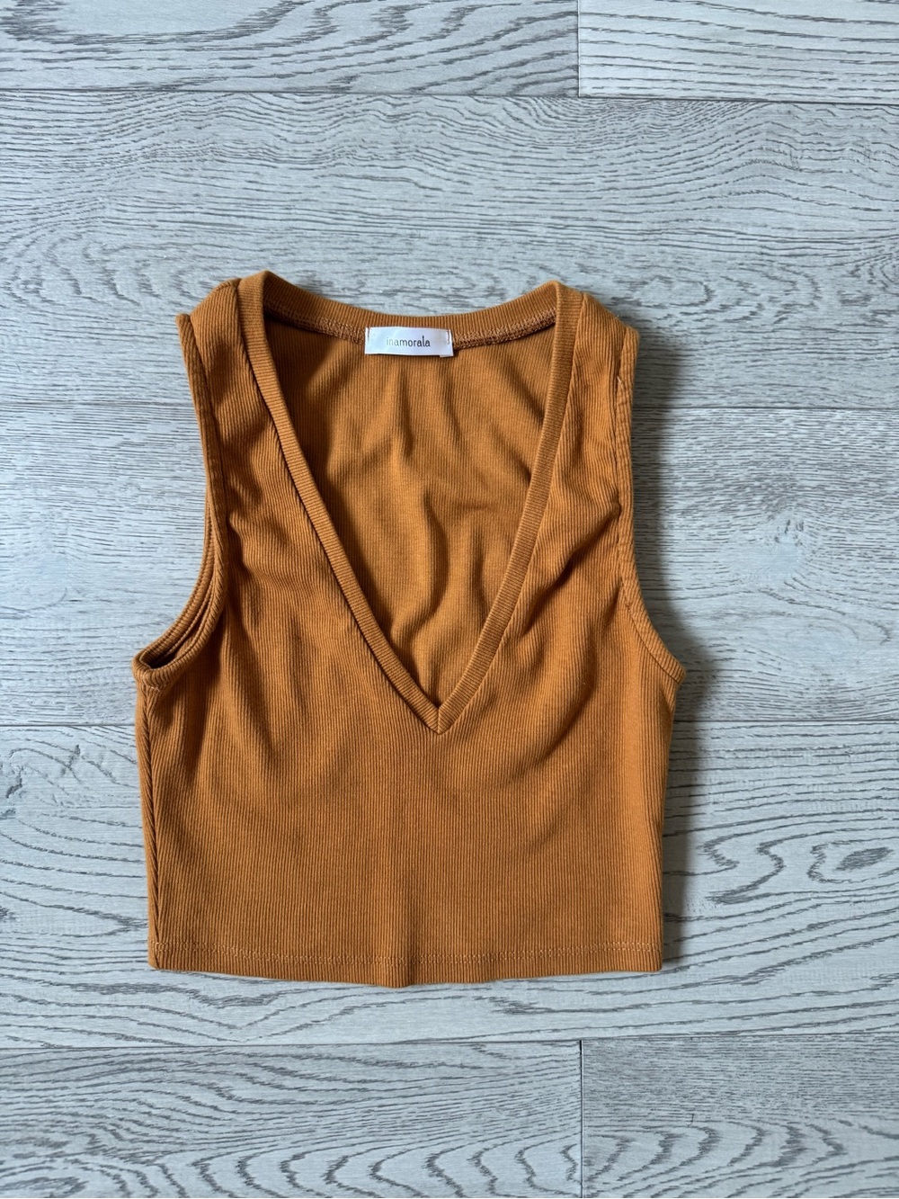 iNAMORATA Rust Ribbed V-Neck Cropped Tank